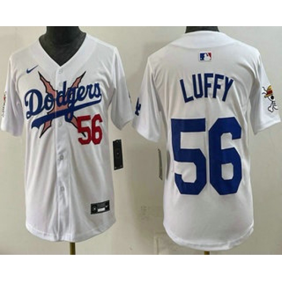 Youth Los Angeles Dodgers x One Piece #56 Luffy White Vapor Premier Limited Stitched Jersey - Ujersey