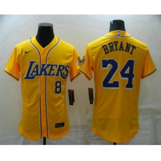 Men's Los Angeles Lakers Front #8 Back #24 Kobe Bryant Yellow Cool Base Stitched Baseball Jersey - Ujersey