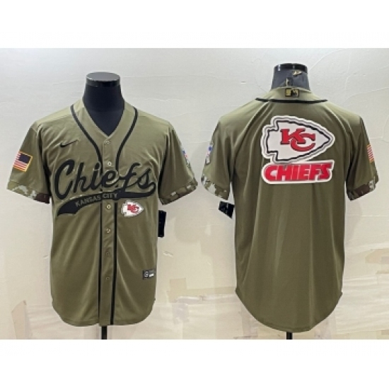 Men's Kansas City Chiefs Olive Salute to Service Team Big Logo Cool Base Stitched Baseball Jersey - Ujersey