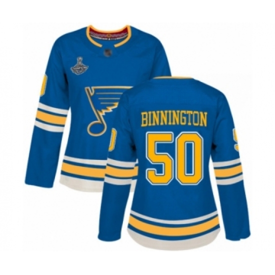 Women's St. Louis Blues #50 Jordan Binnington Authentic Navy Blue Alternate 2019 Stanley Cup Champions Hockey Jersey - Ujersey