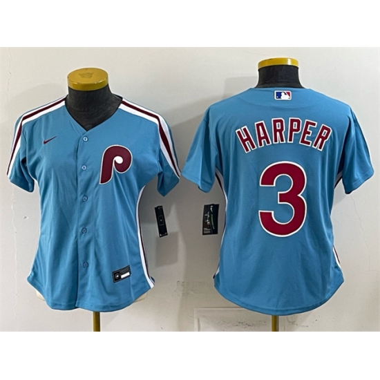 Women's Philadelphia Phillies #3 Bryce Harper Blue Stitched Baseball Jersey(Run Small) - Ujersey