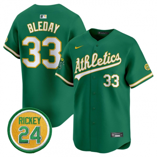 Men's Oakland Athletics #33 JJ Bleday Green 2024 Limited With Rickey Henderson Stitched Jersey