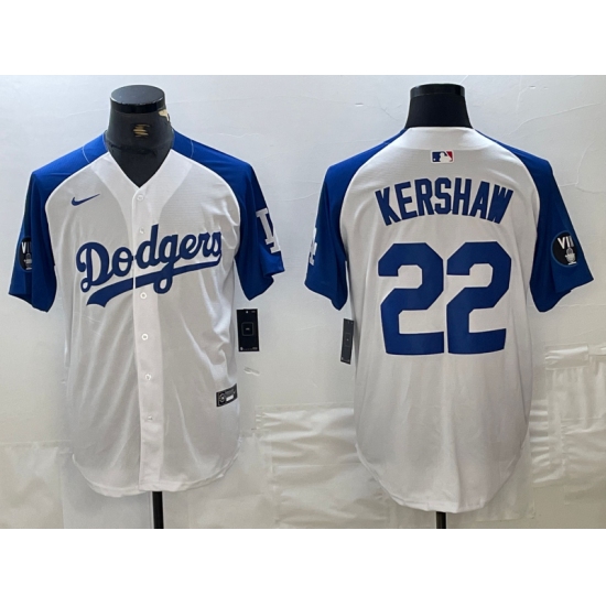 Men's Los Angeles Dodgers #22 Clayton Kershaw White Blue Fashion Stitched Cool Base Limited Jersey - Ujersey