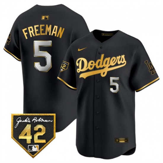 Men's Los Angeles Dodgers #5 Freddie Freeman Black Gold With Jackie Robinson Limited Stitched Baseball Jersey - Ujersey