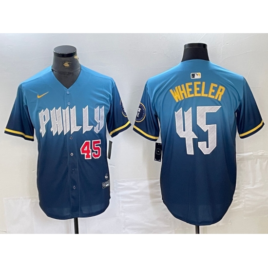 Men's Philadelphia Phillies #45 Zack Wheeler Blue 2024 City Player Number Cool Base Stitched Jerseys - Ujersey