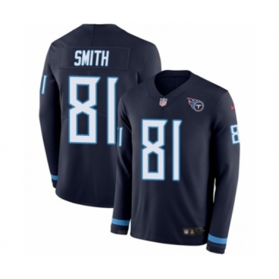 Men's Nike Tennessee Titans #81 Jonnu Smith Limited Navy Blue Therma Long Sleeve NFL Jersey - Ujersey