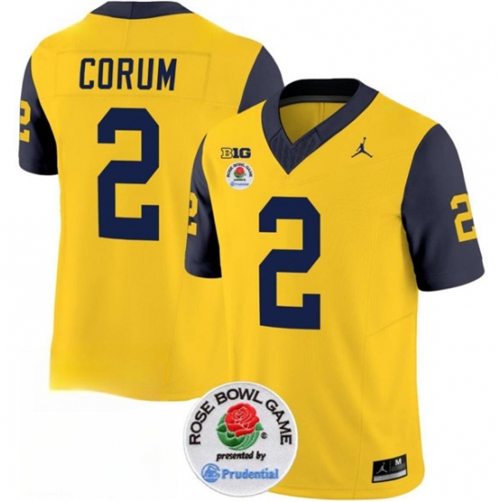 Men's Michigan Wolverines #2 Blake Corum 2023 F.U.S.E. Yellow Navy Rose Bowl Stitched Jersey - Ujersey