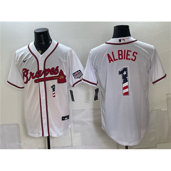 Men's Atlanta Braves #1 Ozzie Albies White USA 250 Fourth of July Home Stadium Stitched Baseball Jersey - Ujersey
