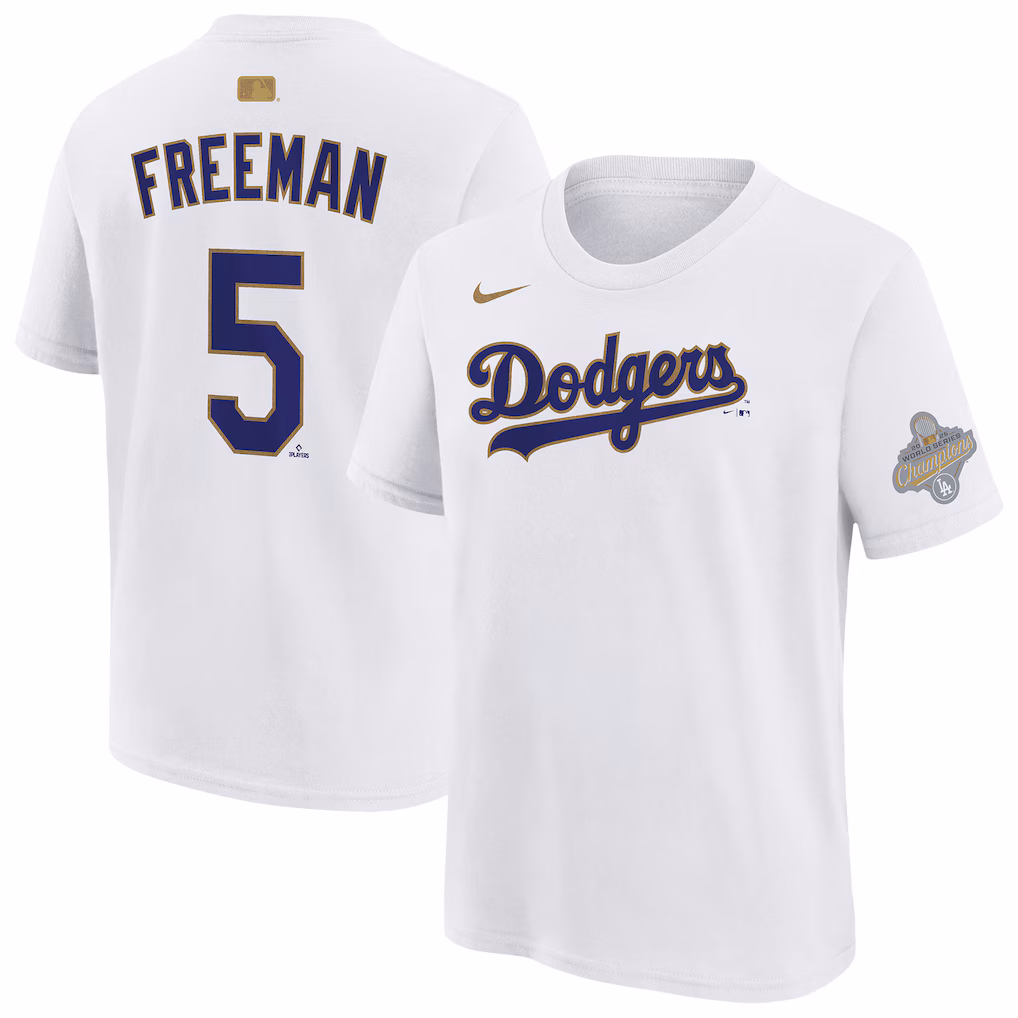 Youth Los Angeles Dodgers Freddie Freeman Nike White 2026 Gold Collection Name & Number T-Shirt