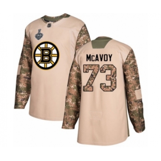Men's Boston Bruins #73 Charlie McAvoy Authentic Camo Veterans Day Practice 2019 Stanley Cup Final Bound Hockey Jersey
