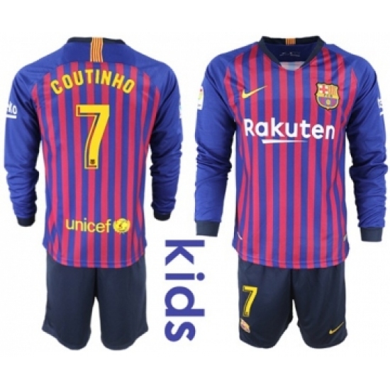 Barcelona #7 Coutinho Home Long Sleeves Kid Soccer Club Jersey