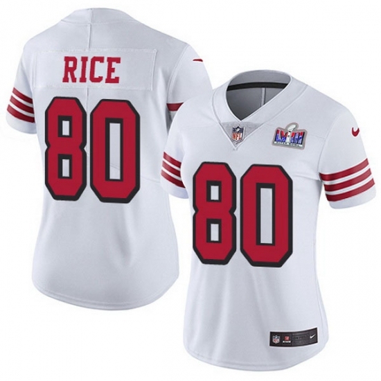 Women's San Francisco 49ers #80 Jerry Rice White Rush Women Stitched NFL Vapor Untouchable Limited 2024 Super Bowl LVIII Jersey - Ujersey