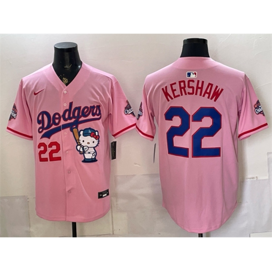 Men's Los Angeles Dodgers #22 Clayton Kershaw Pink Hello Kitty Night 2025 World Series Champions Stitched Baseball Jersey - Ujersey
