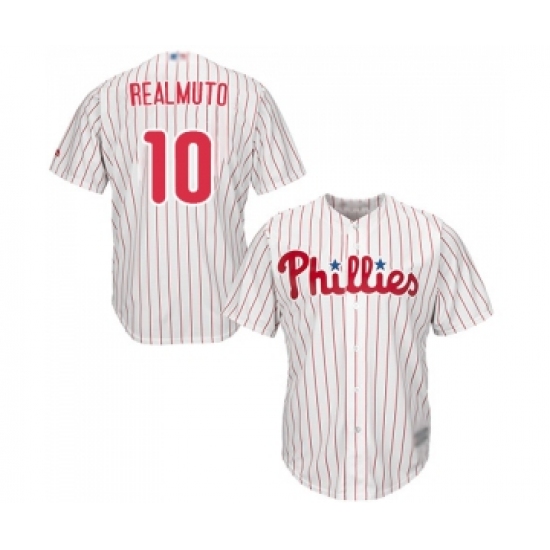 Youth Philadelphia Phillies #10 J. T. Realmuto Replica White Red Strip Home Cool Base Baseball Jersey - Ujersey
