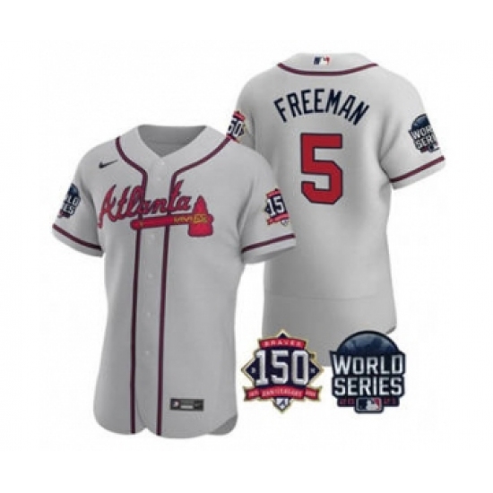 Men's Atlanta Braves #5 Freddie Freeman 2021 Gray World Series Flex Base With 150th Anniversary Patch Baseball Jersey - Ujersey