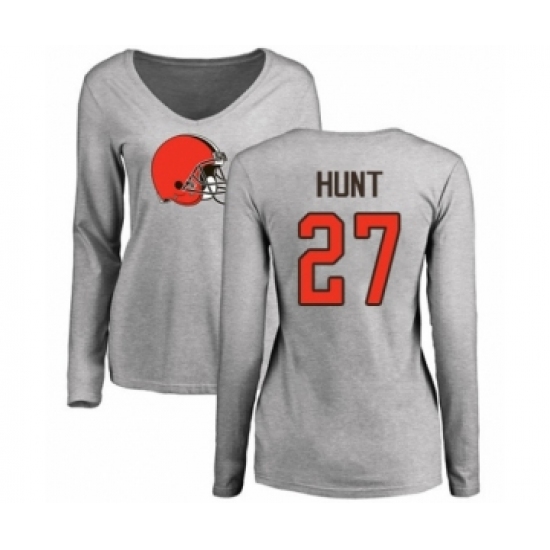 Football Women's Cleveland Browns #27 Kareem Hunt Ash Name & Number Logo Long Sleeve T-Shirt - Ujersey