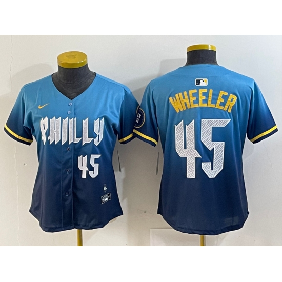 Women's Philadelphia Phillies #45 Zack Wheeler Blue 2024 City Player Number Cool Base Stitched Jersey - Ujersey