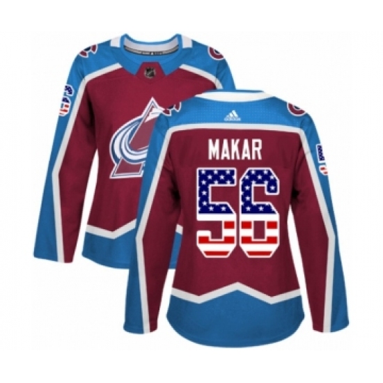 Women's Adidas Colorado Avalanche #56 Cale Makar Authentic Burgundy Red USA Flag Fashion NHL Jersey - Ujersey