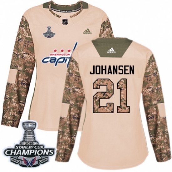 Women's Adidas Washington Capitals #21 Lucas Johansen Authentic Camo Veterans Day Practice 2018 Stanley Cup Final Champions NHL Jersey