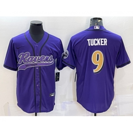 Men's Baltimore Ravens #9 Justin Tucker Purple Gold With Patch Cool Base Stitched Baseball Jersey - Ujersey