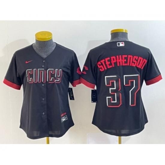 Women's Cincinnati Reds #37 Tyler Stephenson Black 2023 City Connect Cool Base Stitched Jersey1 - Ujersey