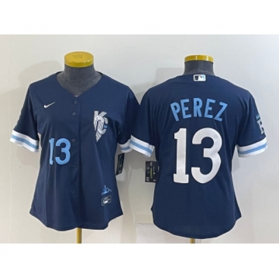 Women's Kansas City Royals #13 Salvador Perez Number 2022 Navy Blue City Connect Cool Base Stitched Jersey - Ujersey
