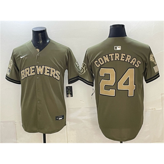 Men's Milwaukee Brewers #24 William Contreras Olive 2026 Armed Forces Day Stitched Baseball Jersey - Ujersey