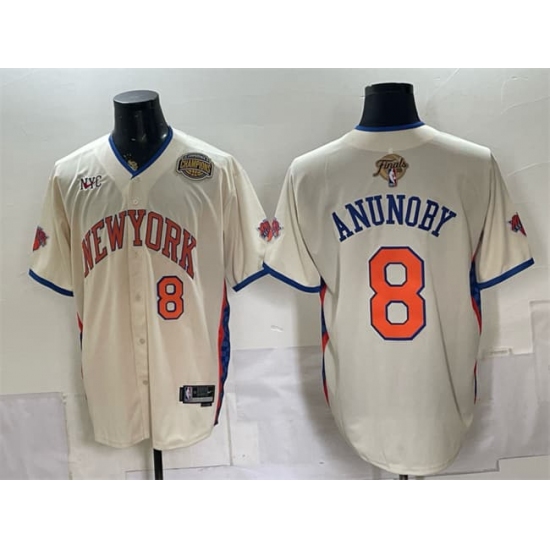 Men's New York Knicks #8 OG Anunoby Cream 2026 Finals & Eastern Conference Champions Stitched Baseball Jersey - Ujersey