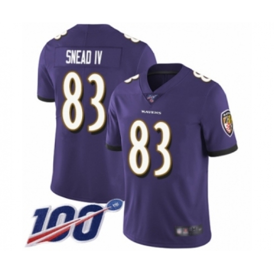 Men's Baltimore Ravens #83 Willie Snead IV Purple Team Color Vapor Untouchable Limited Player 100th Season Football Jersey - Ujersey