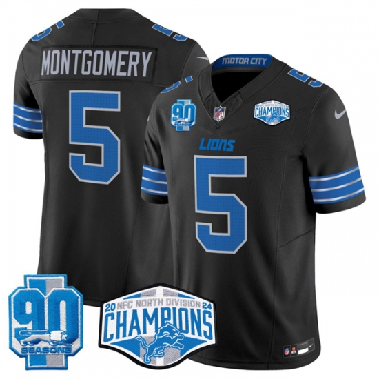 Men's Detroit Lions #5 David Montgomery Black 2024 NFC North Champions 90th Anniversary F.U.S.E. Vapor Limited Stitched Jersey - Ujersey