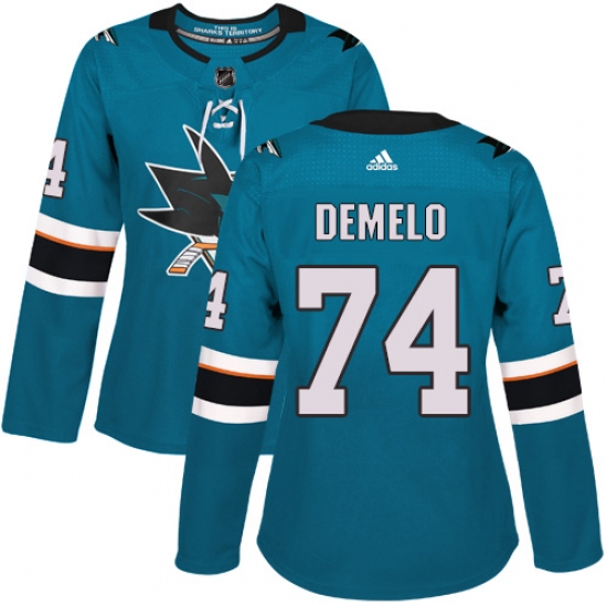 Women's Adidas San Jose Sharks #74 Dylan DeMelo Authentic Teal Green Home NHL Jersey - Ujersey