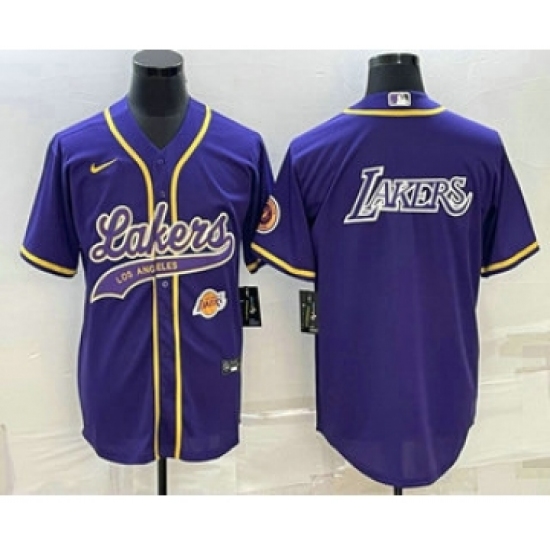 Men's Los Angeles Lakers Purple Big Logo With Cool Base Stitched Baseball Jersey - Ujersey