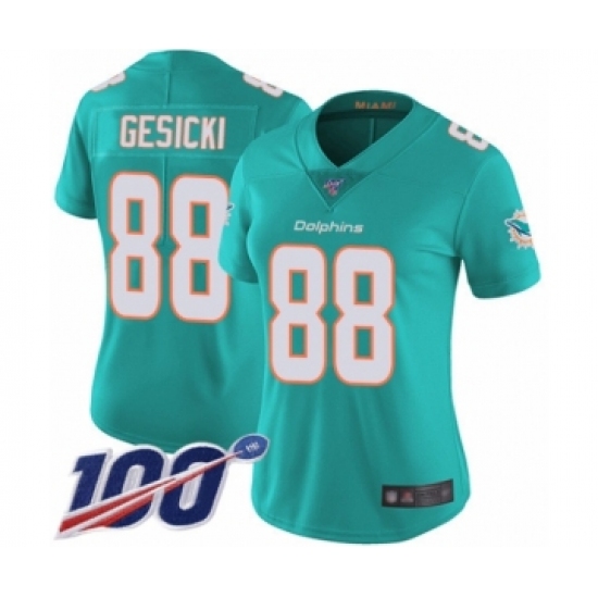 Women's Miami Dolphins #88 Mike Gesicki Aqua Green Team Color Vapor Untouchable Limited Player 100th Season Football Jersey - Ujersey