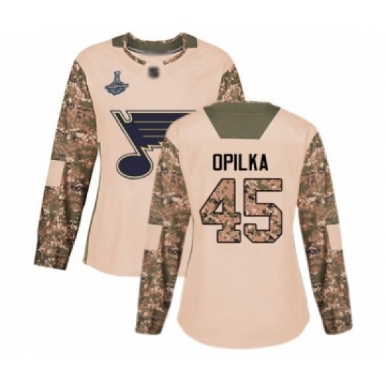 Women's St. Louis Blues #45 Luke Opilka Authentic Camo Veterans Day Practice 2019 Stanley Cup Champions Hockey Jersey