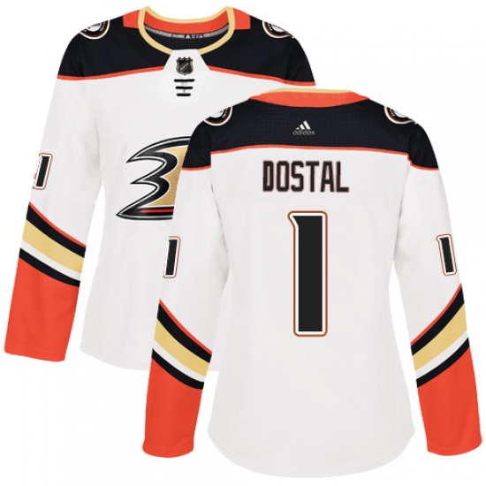 Women's Adidas Anaheim Ducks #1 Lukas Dostal Authentic White Away NHL Jersey - Ujersey
