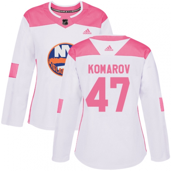 Women's Adidas New York Islanders #47 Leo Komarov Authentic White Pink Fashion NHL Jersey