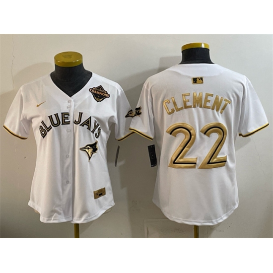 Women's Toronto Blue Jays #22 Ernie Clement White Gold 2025 American League Champions Limited Stitched Baseball Jersey(Run Small)