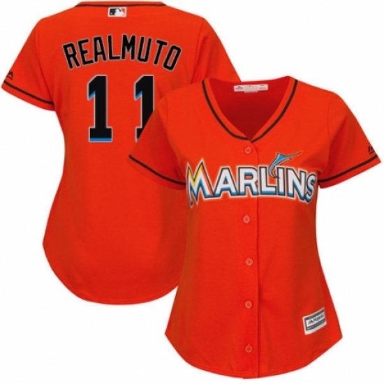 Women's Majestic Miami Marlins #11 J. T. Realmuto Authentic Orange Alternate 1 Cool Base MLB Jersey - Ujersey