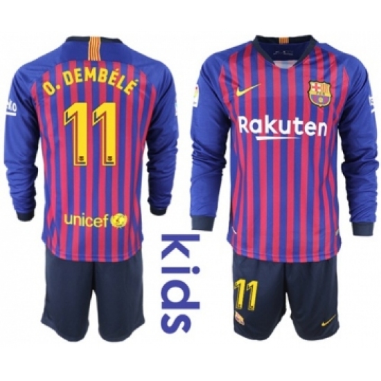 Barcelona #11 O.Dembele Home Long Sleeves Kid Soccer Club Jersey