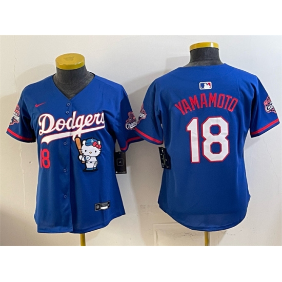 Women's Los Angeles Dodgers #18 Yoshinobu Yamamoto Royal Hello Kitty Night 2025 World Series Champions Stitched Baseball Jersey(Run Small) - Ujersey