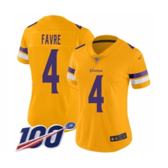 Women's Minnesota Vikings #4 Brett Favre Limited Gold Inverted Legend 100th Season Football Jersey - Ujersey