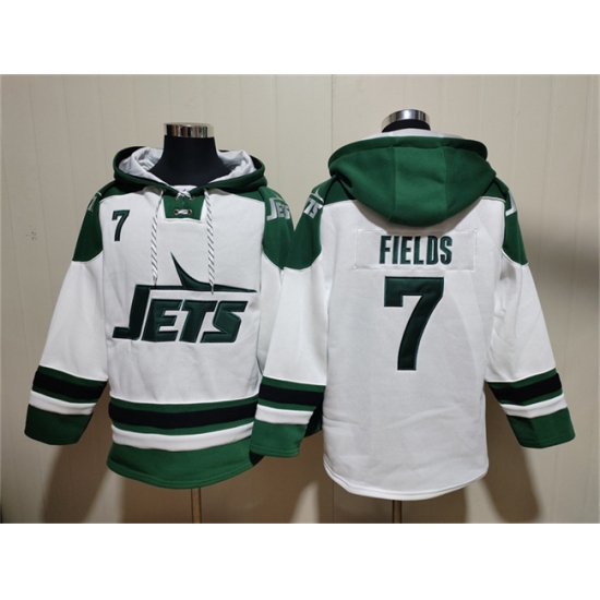Men's New York Jets #7 Justin Fields White Ageless Must-Have Lace-Up Pullover Hoodie - Ujersey