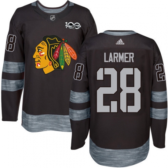 Men's Adidas Chicago Blackhawks #28 Steve Larmer Authentic Black 1917-2017 100th Anniversary NHL Jersey - Ujersey