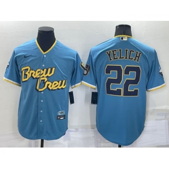 Men's Milwaukee Brewers #22 Christian Yelich Blue 2022 City Connect Cool Base Stitched Jersey - Ujersey