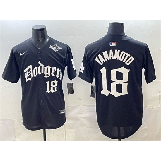 Men's Los Angeles Dodgers #18 Yoshinobu Yamamoto Black 2025 LA Gothic Style With 2025 World Series Vapor Premier Limited Stitched Baseball Jersey - Ujersey