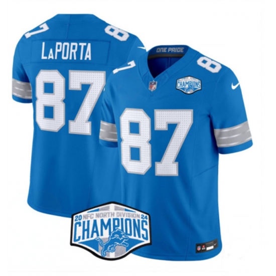 Men's Detroit Lions #87 Sam LaPorta Blue 2024 NFC North Champions F.U.S.E. Vapor Limited Stitched Jersey - Ujersey