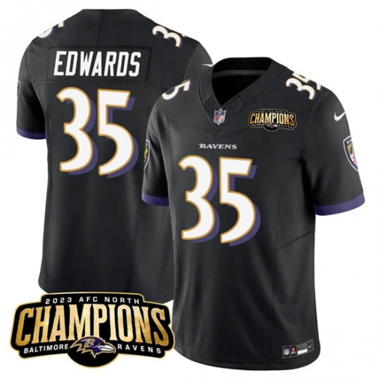 Men's Baltimore Ravens #35 Gus Edwards Black 2023 F.U.S.E. AFC North Champions Vapor Limited Football Stitched Jersey - Ujersey