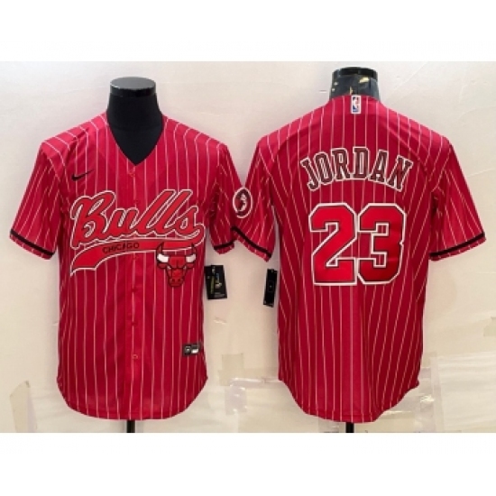 Men's Chicago Bulls #23 Michael Jordan Red Pinstripe With Patch Cool Base Stitched Baseball Jersey - Ujersey