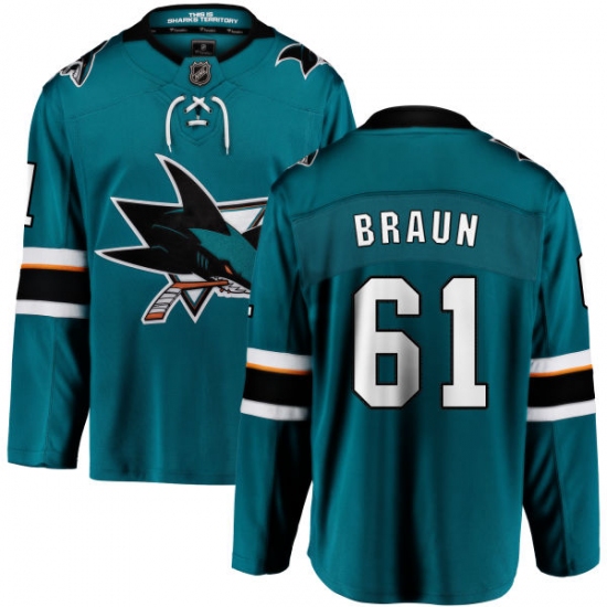 Youth San Jose Sharks #61 Justin Braun Fanatics Branded Teal Green Home Breakaway NHL Jersey - Ujersey
