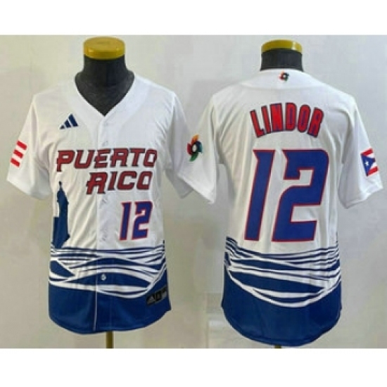 Youth Puerto Rico Baseball #12 Francisco Lindor Number 2023 White World Baseball Classic Stitched Jerseys